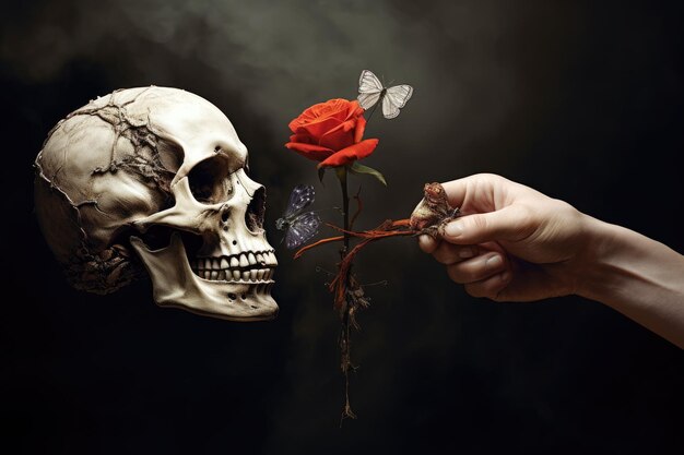 Foto cráneo humano con rosa y mariposa en fondo oscuro concepto de halloween diferencia entre la vida y la muerte ai generado