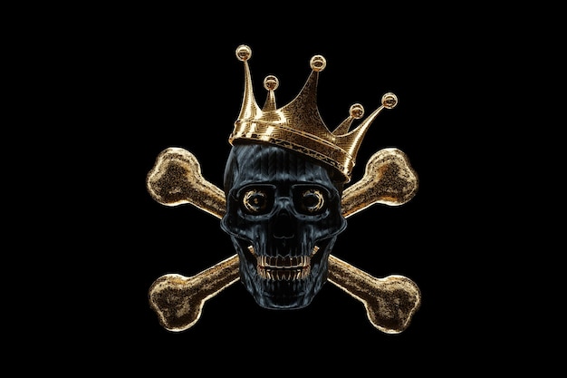 Cráneo humano y tibias cruzadas jolly roger pirates señal de peligro Diseño moderno revista estilo imagen creativa plantilla de moda negro y oro estilo de lujo 3D render 3D ilustración