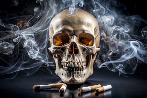 un cráneo con humo saliendo de él y un cigarrillo en el fondo