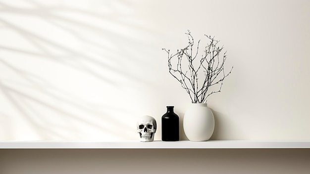Cráneo y jarrón con ramas secas en estante blanco Concepto minimalista de Halloween