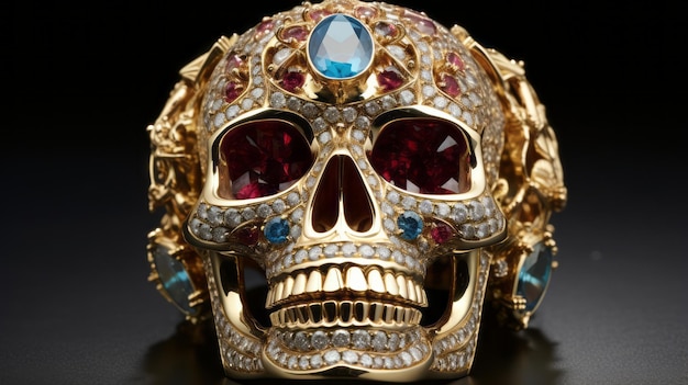 Cráneo de joyería hecho de oro, rubíes, diamantes y topacios sobre fondo negro
