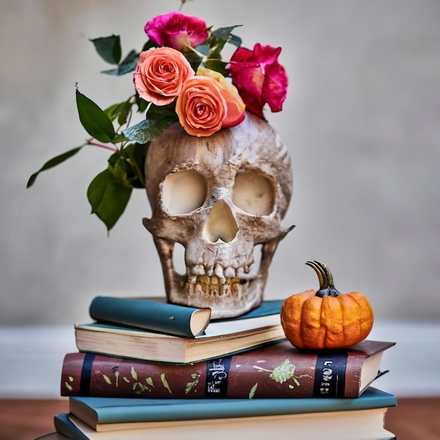 cráneo en libros con rosas y calabaza