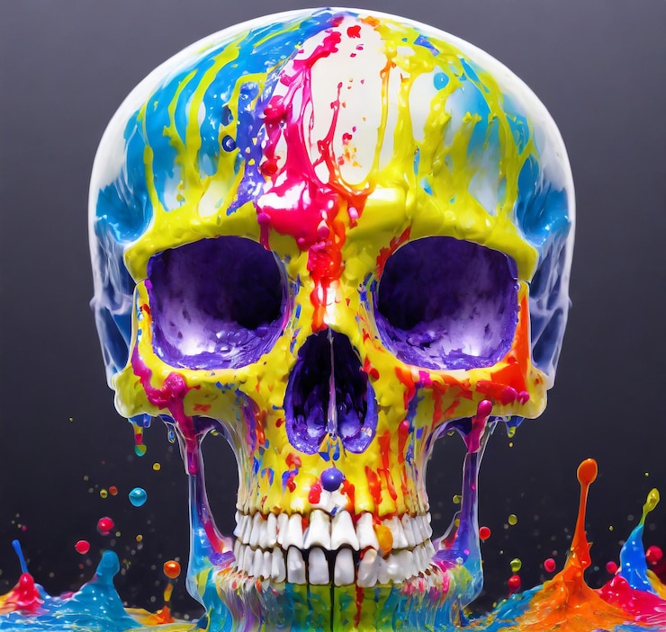 Un cráneo líquido pintado de colores hiperdetallado realista