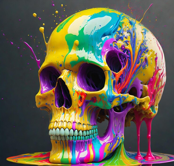 Un cráneo líquido pintado de colores hiperdetallado realista