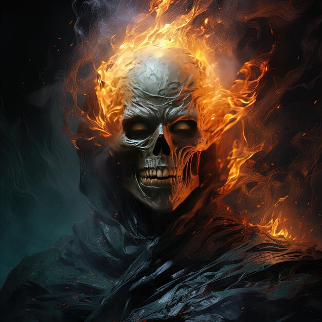 un cráneo con llamas y un fuego en el fondo