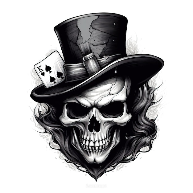 el cráneo lleva un sombrero y juega a las cartas al estilo del logotipo, retratos monocromáticos de seguridad