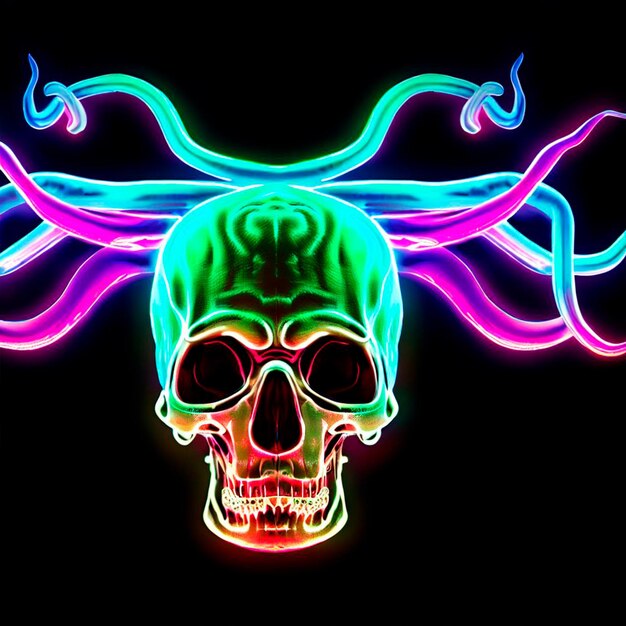 El cráneo de Madussas con neón multicolor de fondo negro ultra realista