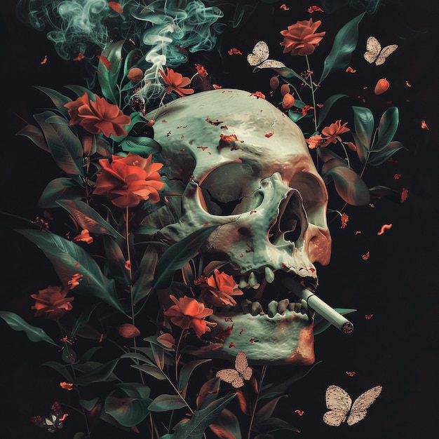 un cráneo con mariposas y flores en el fondo