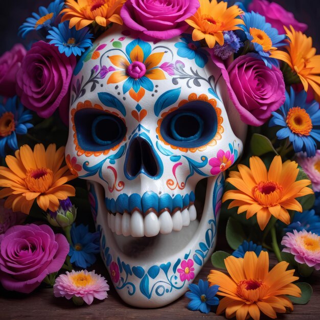Foto cráneo mexicano colorido para el día de los muertos con flores