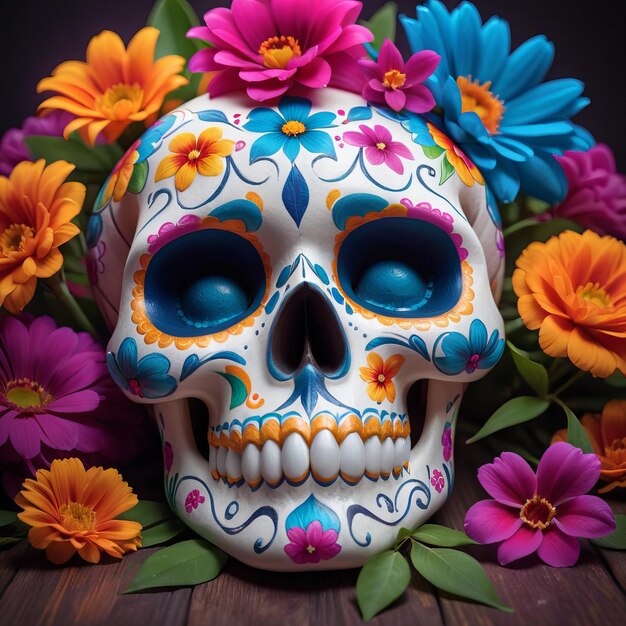 Foto cráneo mexicano colorido para el día de los muertos con flores