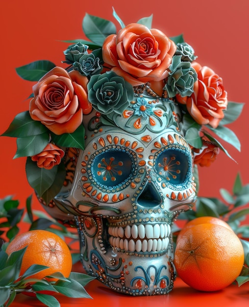 cráneo mexicano con flores y rosas