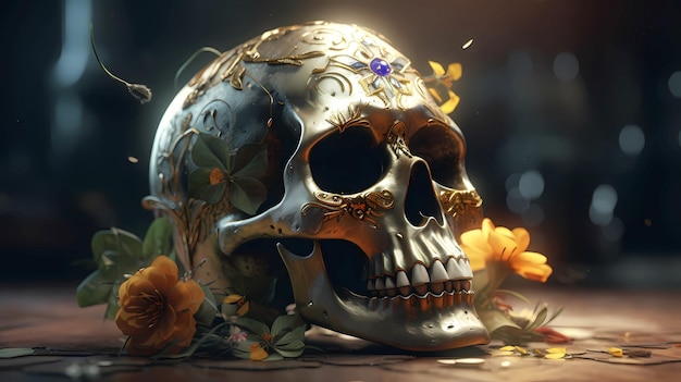 Cráneo mexicano ritual decorado con flores de colores vista recta