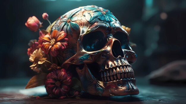 Cráneo mexicano ritual decorado con flores de colores vista recta