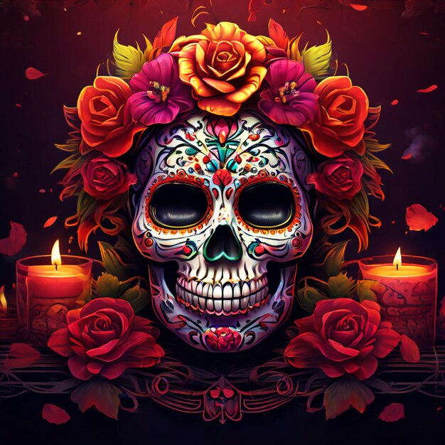 El cráneo negro está decorado con flores púrpuras y rosas Proyecto de Halloween Da de los Muertos