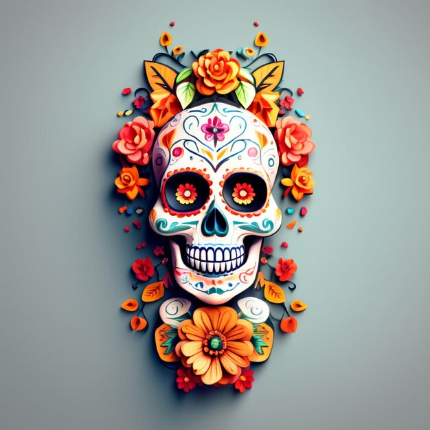 El cráneo negro está decorado con flores púrpuras y rosas Proyecto de Halloween Da de los Muertos