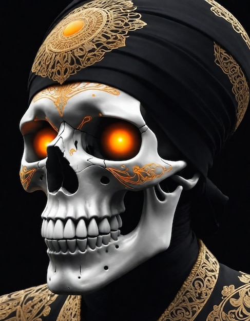 un cráneo con ojos dorados y un sombrero negro con acentos dorados
