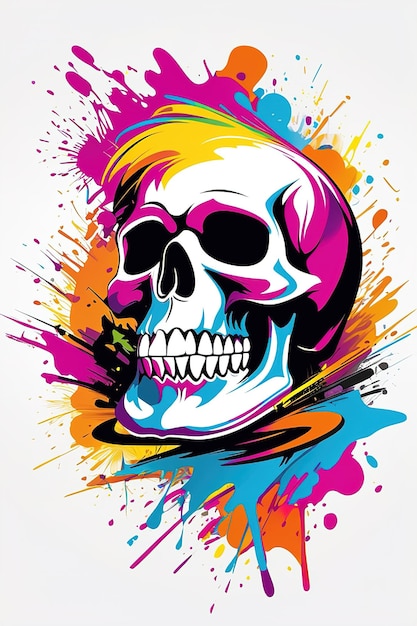 Foto cráneo en la oscuridad graffiti color splash camiseta diseño ilustración imagen generativa ai