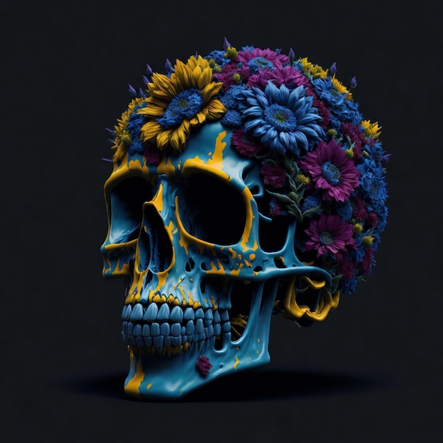 un cráneo oscuro decorativo con flores y adornos ilustración
