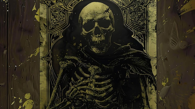 Un cráneo oscuro y misterioso con un resplandor dorado El cráneo está situado contra un fondo negro y está rodeado por un marco de dorado intrincado