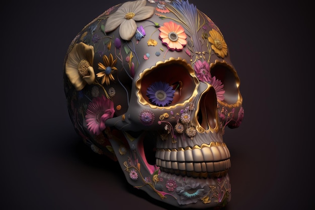 Cráneo con patrón floral en una ilustración de fondo oscuro