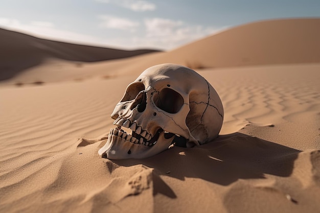 Cráneo de una persona tendida en la arena del desierto IA generativa