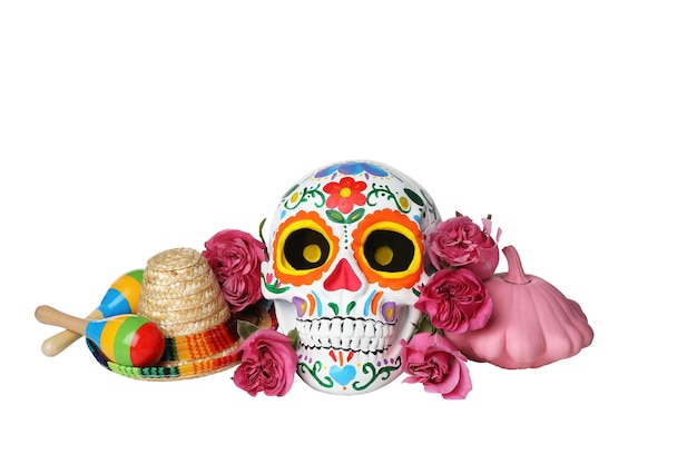 Foto cráneo png para el día de los muertos en méxico con calabazas y flores aisladas sobre fondo blanco