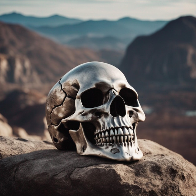 Foto cráneo en la roca con montañas en el fondo muerto del papel pintado del día