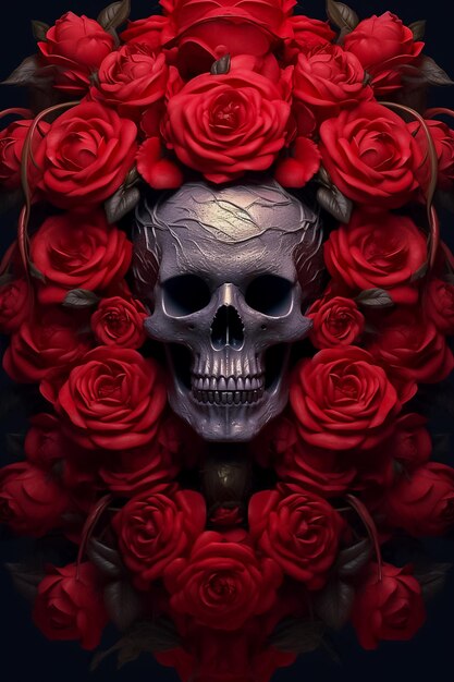 Cráneo rodeado de flores de rosas florales Halloween o concepto del día de los muertos generado por Ai