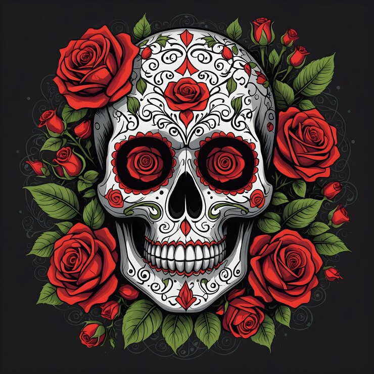 un cráneo y rosas se muestran en un fondo negro