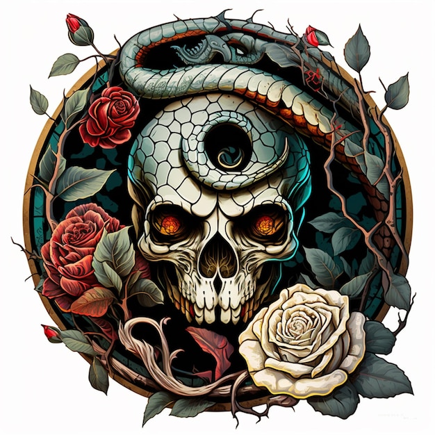 cráneo y serpiente con rosas en un círculo diseño de tatuaje generativo ai