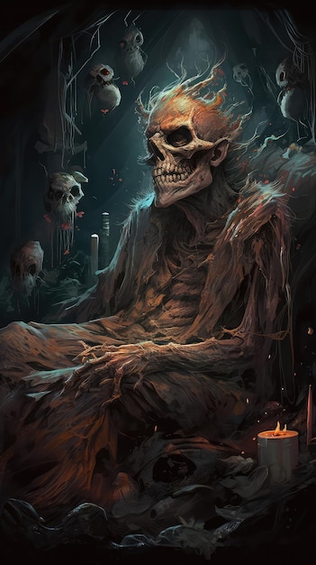 Un cráneo se sienta en una silla con las palabras 'muerte' en él