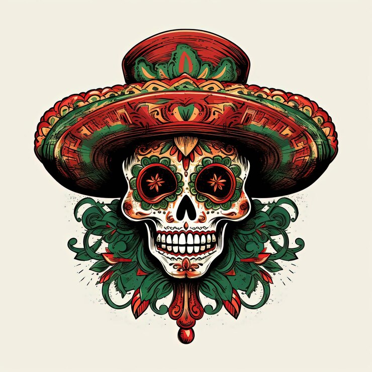 Foto el cráneo con un sombrero mexicano sobre fondo blanco.