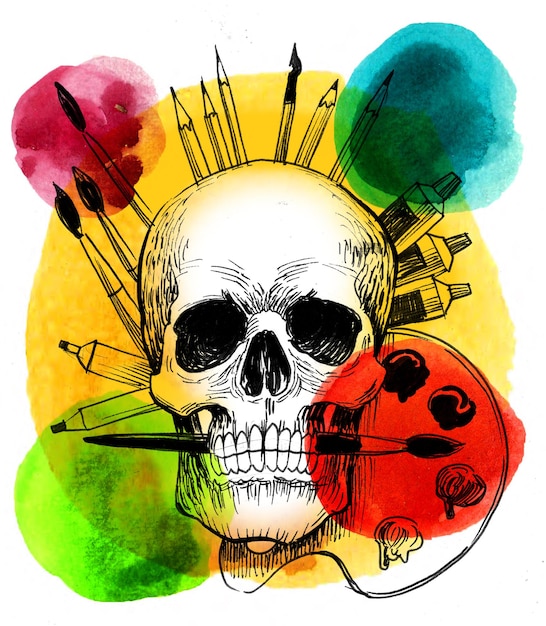 Cráneo y suministros de arte Dibujado a mano con tinta y acuarela