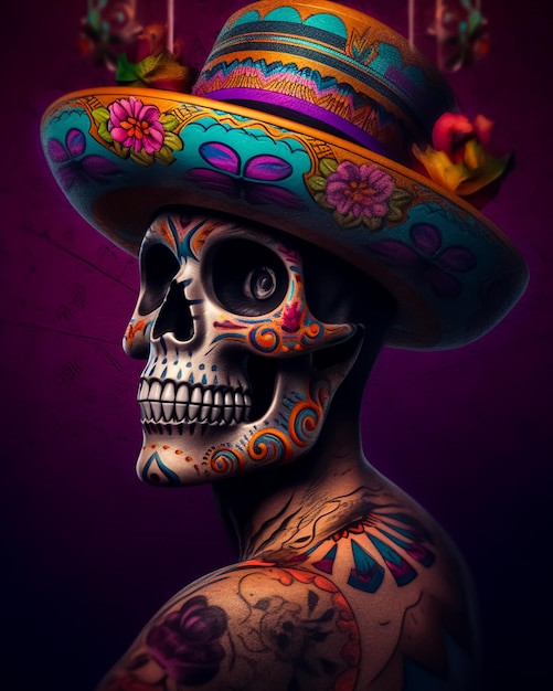 Un cráneo de tatuaje colorido mexicano con un sombrero tradicional y flores en él