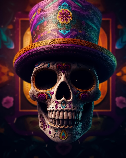 Un cráneo de tatuaje colorido mexicano con un sombrero tradicional y flores en él