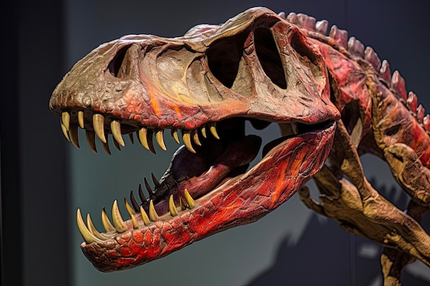 El cráneo de un tiranosaurio salvaje, un dinosaurio, un gran cazador, un objeto de exposición de colores llamativos y audaces.