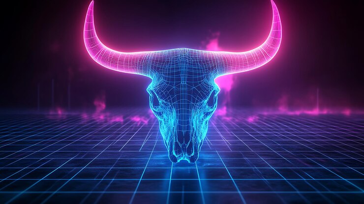 Foto un cráneo de toro de marco de alambre brillante en una cuadrícula de neón retro estilo 80