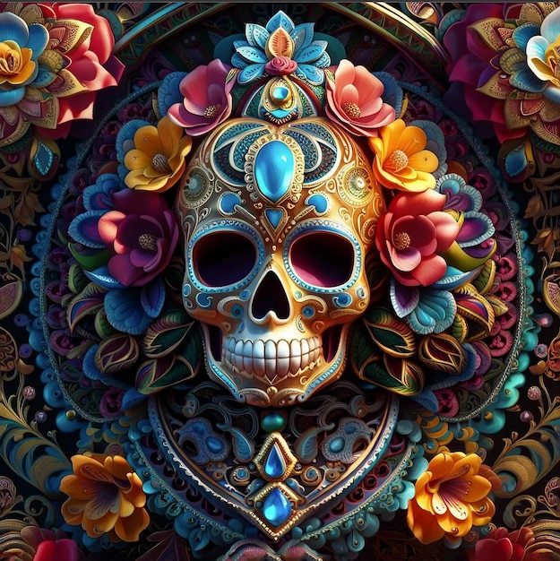 Cráneo tradicional mexicano de Los Muertos decorado con flores IA generativa