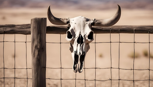 un cráneo de vaca con cuernos y cuernos en una valla