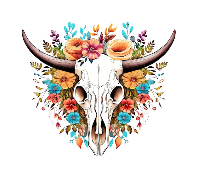 Foto cráneo de vaca floral boho aislado sobre fondo blanco para diseño de camisetas