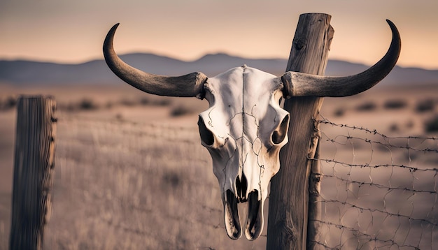 un cráneo de vaca en una valla con una montaña en el fondo