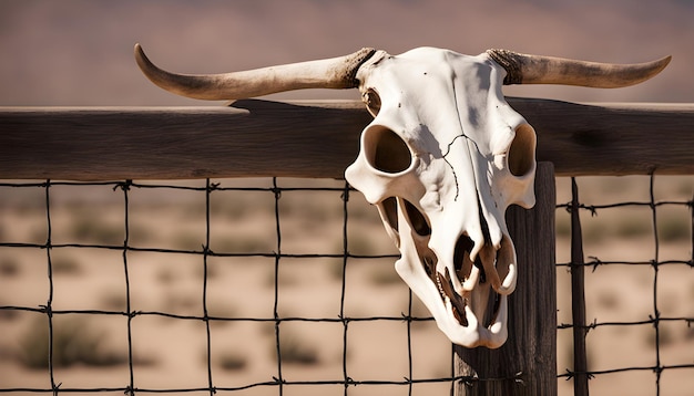 Foto un cráneo está en una valla con una valla en el fondo