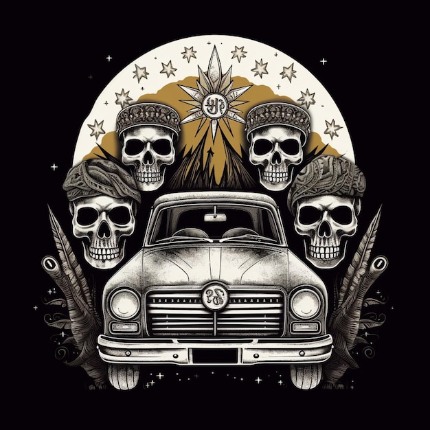 Foto cráneos y un coche con un sol y estrellas en la parte de atrás generativo ai