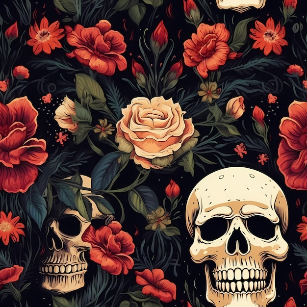 cráneos y flores de patrones sin fisuras
