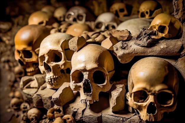 Cráneos y huesos en el antiguo osario Nápoles Italia IA generativa