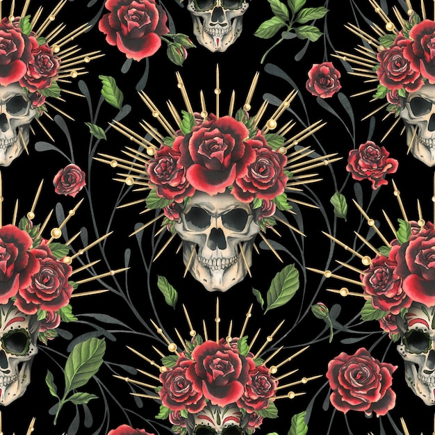 Cráneos humanos con un adorno de rosas rojas en ramas de una corona dorada Ilustración acuarela dibujada a mano para el día de Halloween de los muertos Día de los muertos Patrón sin costuras sobre fondo negro