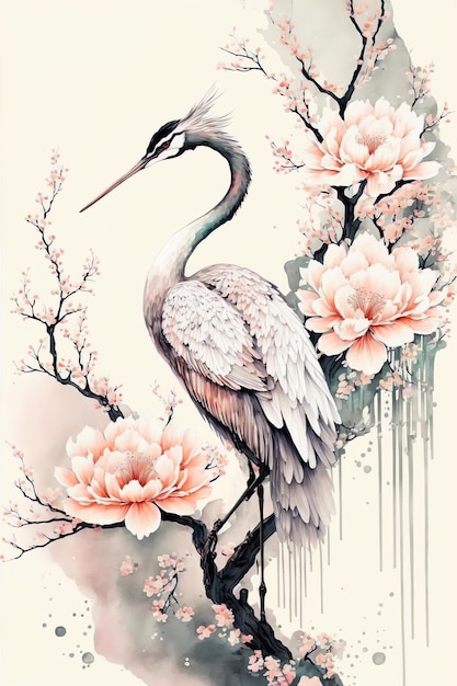 Cranes SakuraFlowers pássaro japonês tradicional folk fashion Generated AI