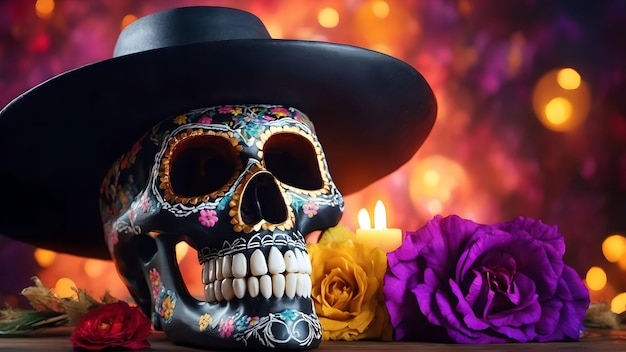 Crânio 3D do Dia dos Mortos ou dia de muertos com flores Gerado com IA