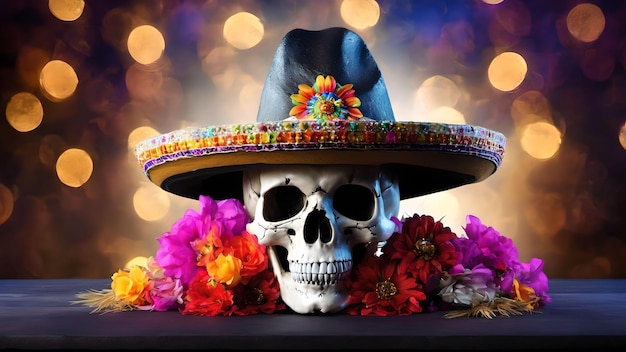 Crânio 3D do Dia dos Mortos ou dia de muertos com flores Gerado com IA