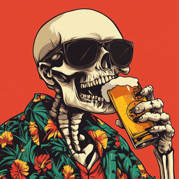 Foto crânio a beber cerveja logotipo de desenho animado
